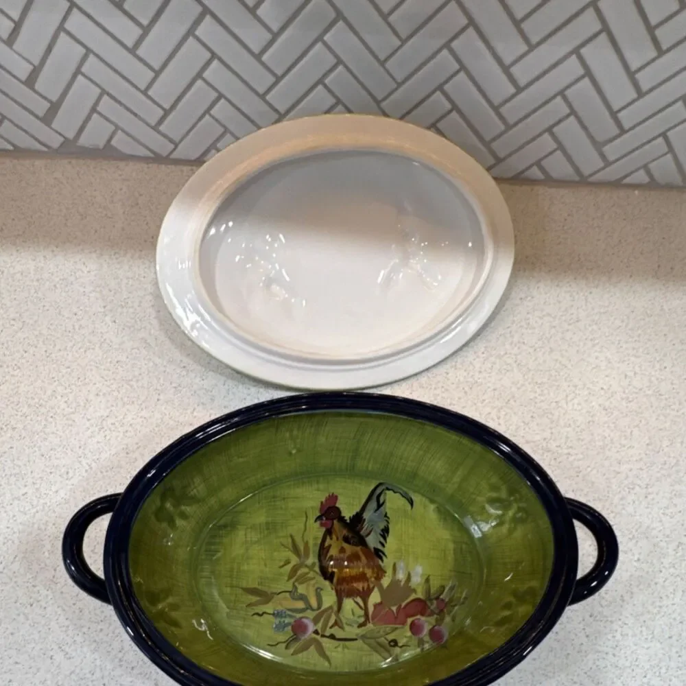 Tracy Porter Stonehouse Farm Oval Ceramic Casserole Rooster Dishwasher Safe